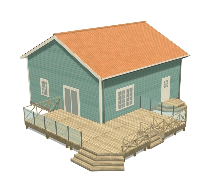 3D-rendering från Deckify: hus med altan, trappa och räcke